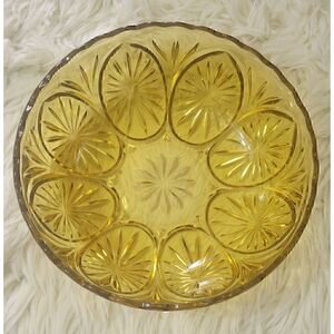 Vintage Yellow Amber Glass Dish Bowl with flower petal like design Scalloped Ser